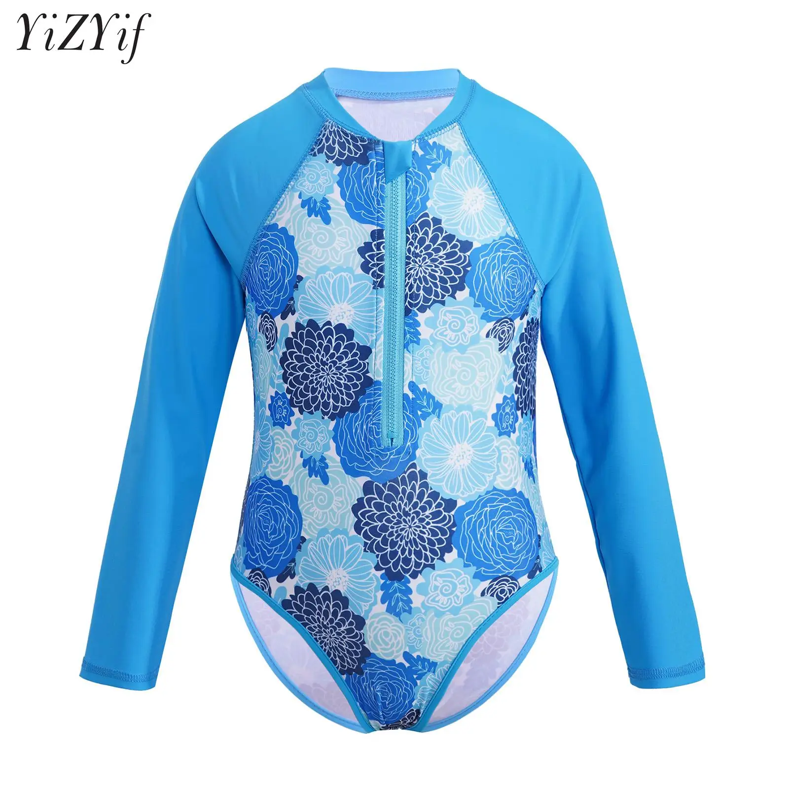 

Kids Girls Long Sleeve UV Rash Guard Swimwear Sun Protection One Piece Swimsuit Tropical Print Front Zipper Sport Bathing Suit