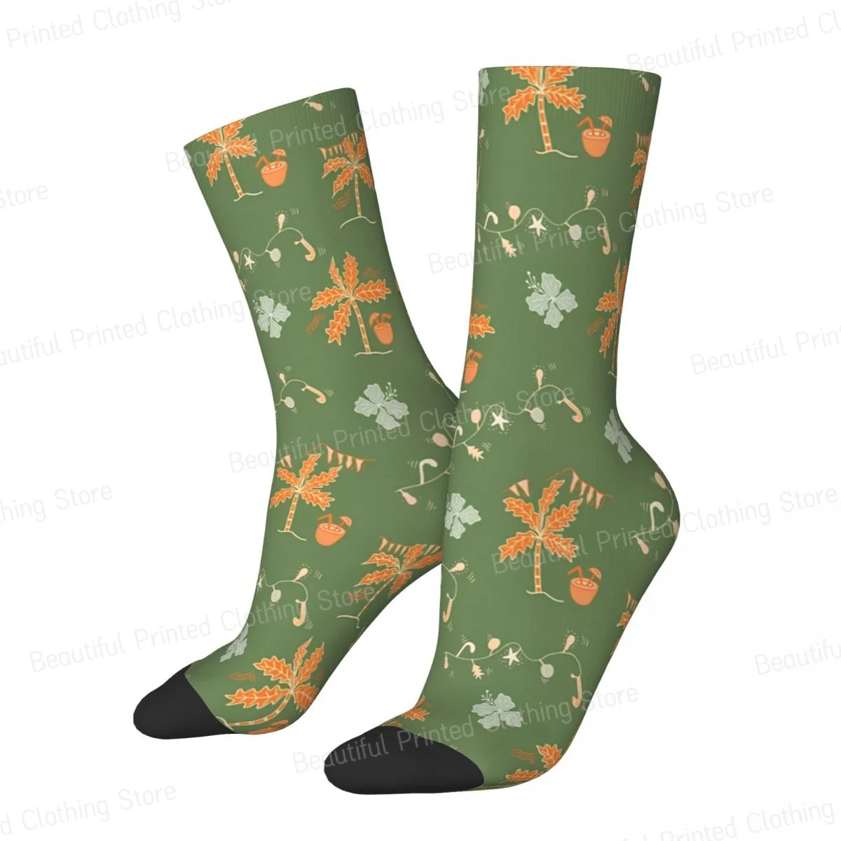 Tropical Christmas Green Orange Floral Graffiti Art Pattern Unisex Four Seasons Socks Windproof Happy Crew Socks