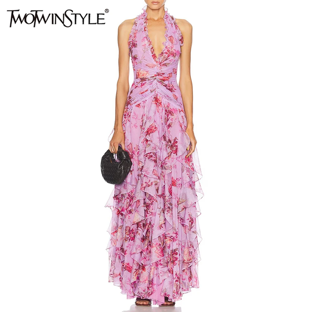 

TWOTWINSTYLE Hit Color Printing Spliced Fungus Folds Dresses for Women Halter Sleeveless Elegant Long Dress Female Fashion New