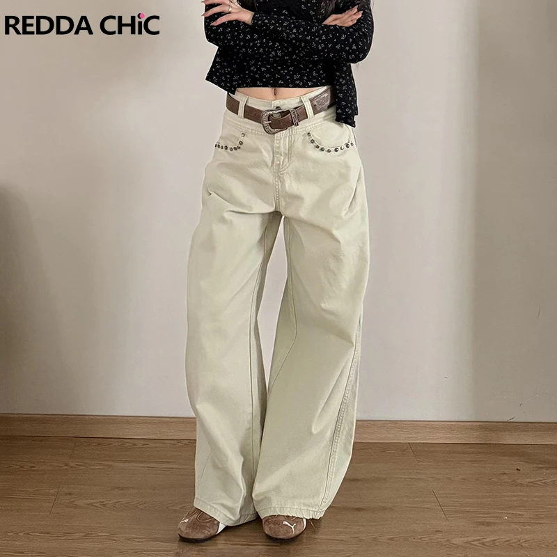 

ReddaChic Women Pleated Wide Leg Jeans New Lounge High Rise Loose Fit Solid Retro Rivets Plain Denim Pants Boyfriend Streetwear