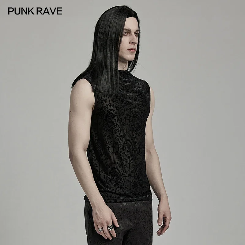 PUNK RAVE Men\'s Gothic Gorgeous Flocked Pattern Mesh Tank Top Minimalist Dark Sexy Handsome Tops Streetwear Summer