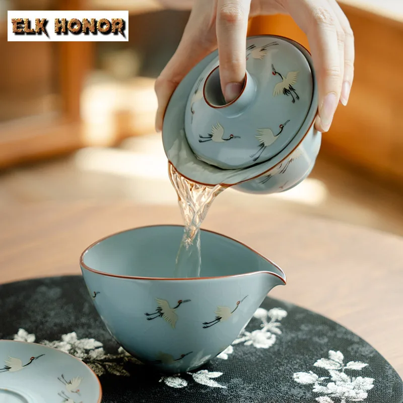 145ml Ru Kiln Return Of The Crane Three-talent Gaiwan Antique Tea Tureen Tea Bowl With Lid Kit Tea Maker Cover Bowl Cha Craft