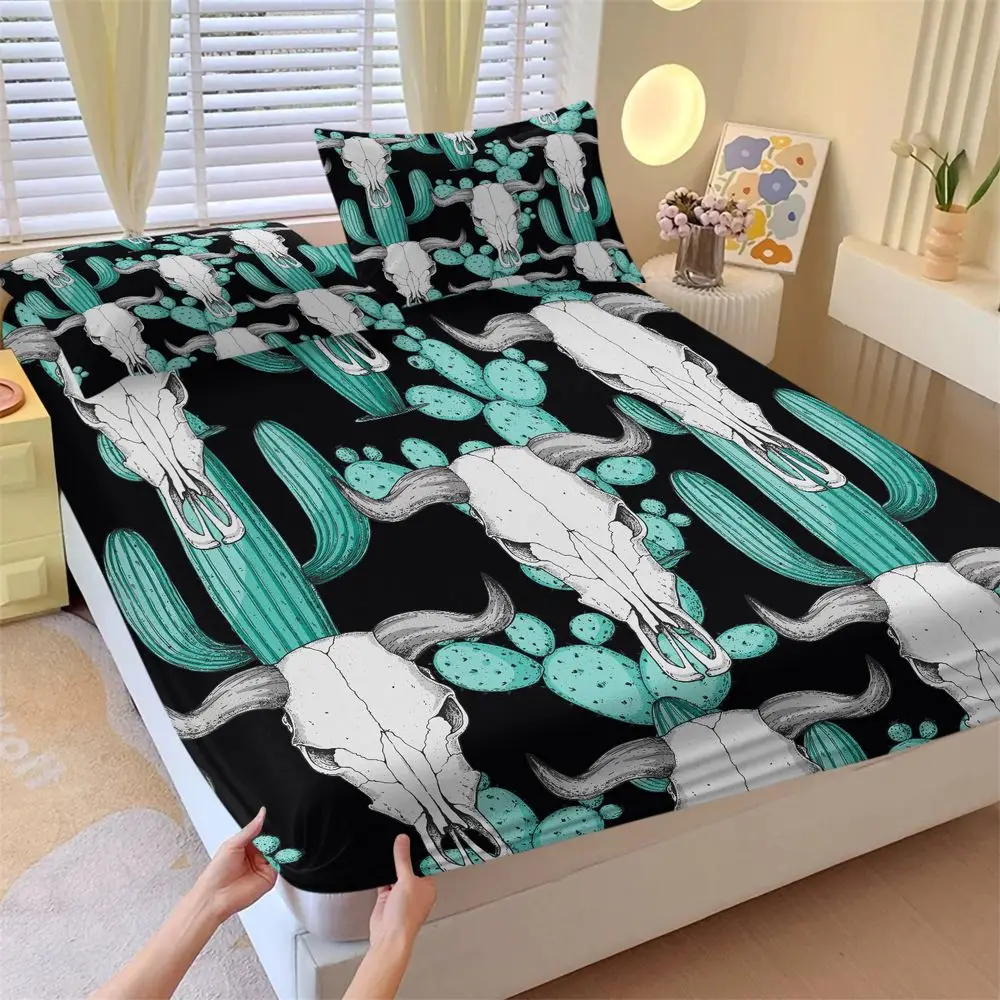 Southwestern Desert Bull Skull and Cactus Print Bedding Set Fitted Sheet Set Soft Microfiber Bed Sheets Set for Bedroom Home Dec