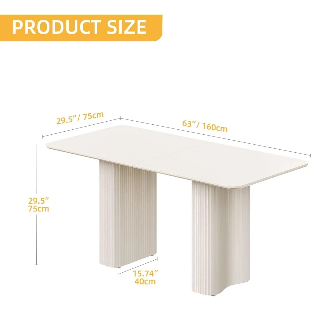 63'' Dining Table for 4-6 People Modern Rectangular Kitchen Table with Solid Wave Curved Legs Large Cream White Dinner Table