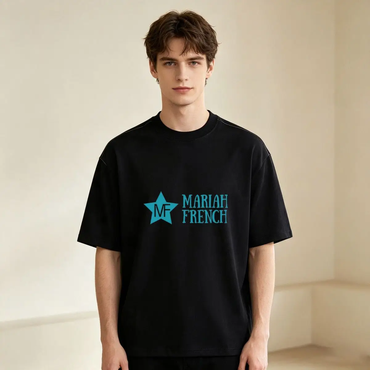 MARITHE Letter Five-Pointed Star Print T-Shirt Unisex Crewneck Black Short Sleeve Top Men Women