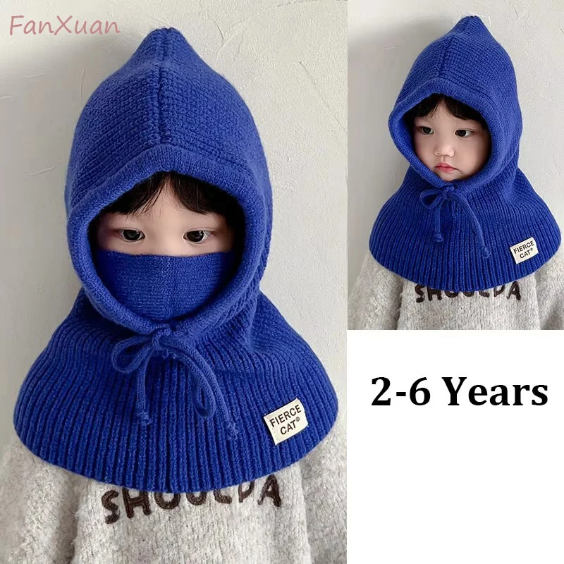 Winter Children Balaclava Knitted Cute Beanie Hats Baby Girls Boys Kids Hoodie Hat Scarf Mask