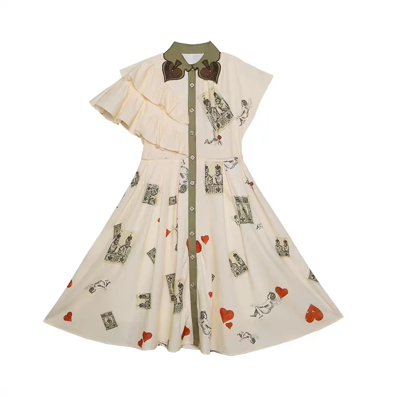 Spring Summer Original Design Women Exquisite Poke Leaves Embroidery  Print Shirts Dresses