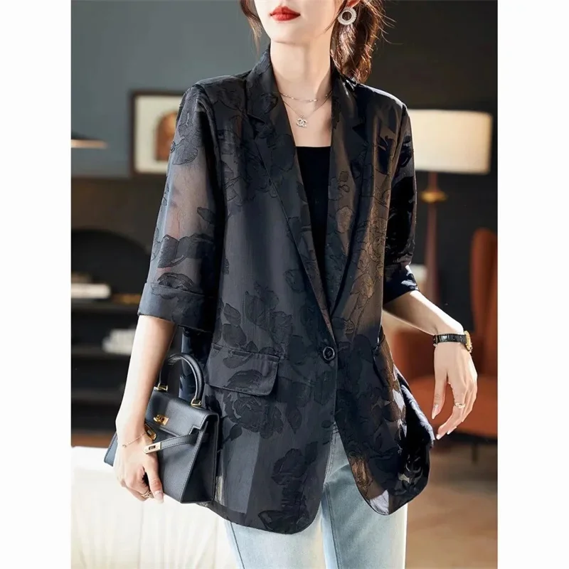 2024 Spring Summer Blazer Vintage Jacquard Sunscreen Jacket Women's Plus Size Loose Coat Top Female Leisure Thin Suit Jackets