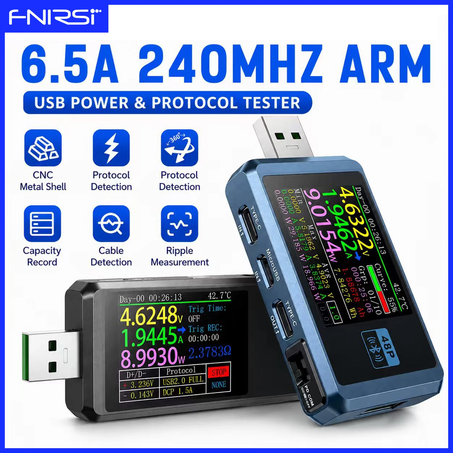 FNIRSI FNB48P USB Tester Voltmeter Ammeter Type-C Fast Charging Protocol Detection Capacitance and Ripple Measurement Power Test