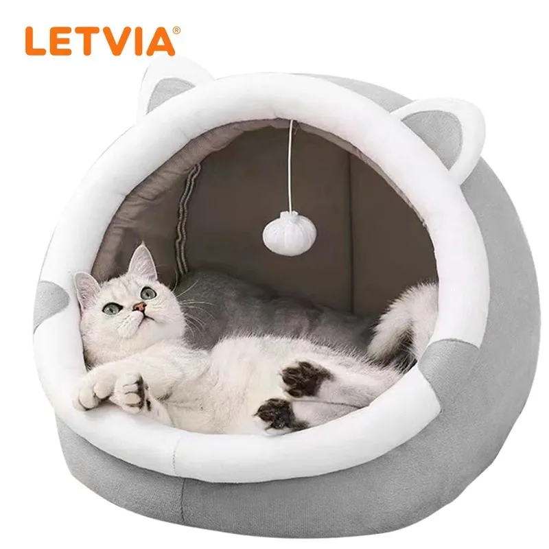 LETVIA سرير للقطط الحيوانات الأليفة سرير كهف جميل القط الأذن على شكل خيمة القط منزل لينة تهدئة الحيوانات الأليفة الصغيرة جرو السرير مع لعبة معلقة المنزل داخلي