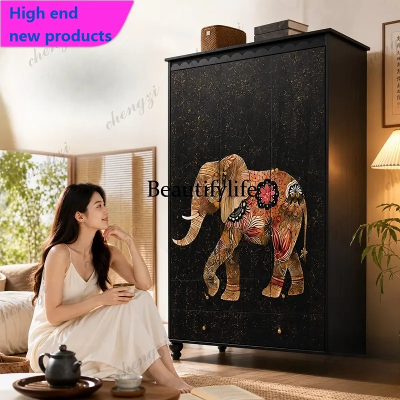 Vintage-style wardrobe solid wood: living room hanging wardrobe, home bedroom large-capacity vintage solid wood storageA68