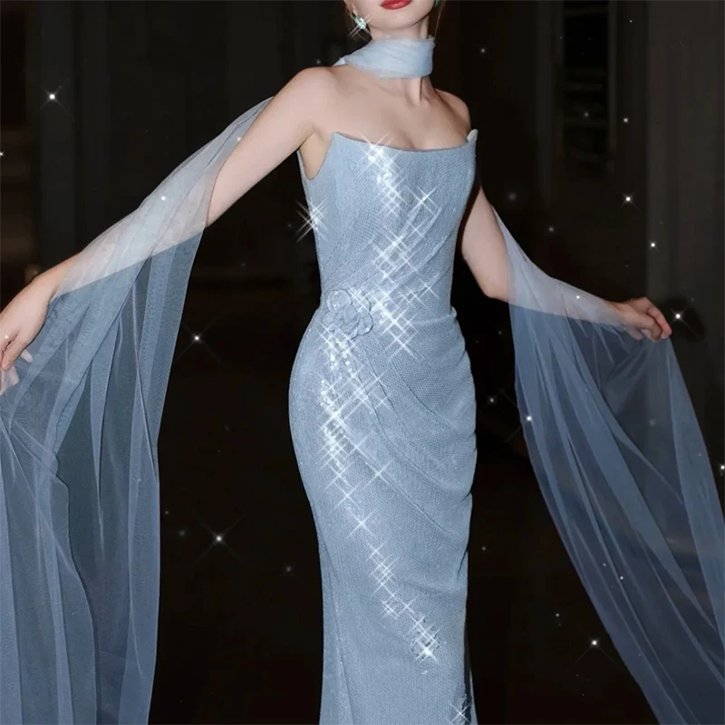 Exquisite Glitter Blue Strapless Formal Evening Dresses Mermaid Prom Dresses Customized robes de soirée