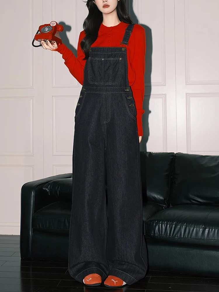 Salopette di jeans blu retrò da donna a vita alta ampia anti-età gamba larga tuta drappeggiata comoda pantaloni lunghi da pendolarismo