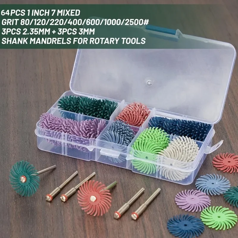 64pcs 1Inch Radial Bristle Disc Kit Abrasive Brush 1/8