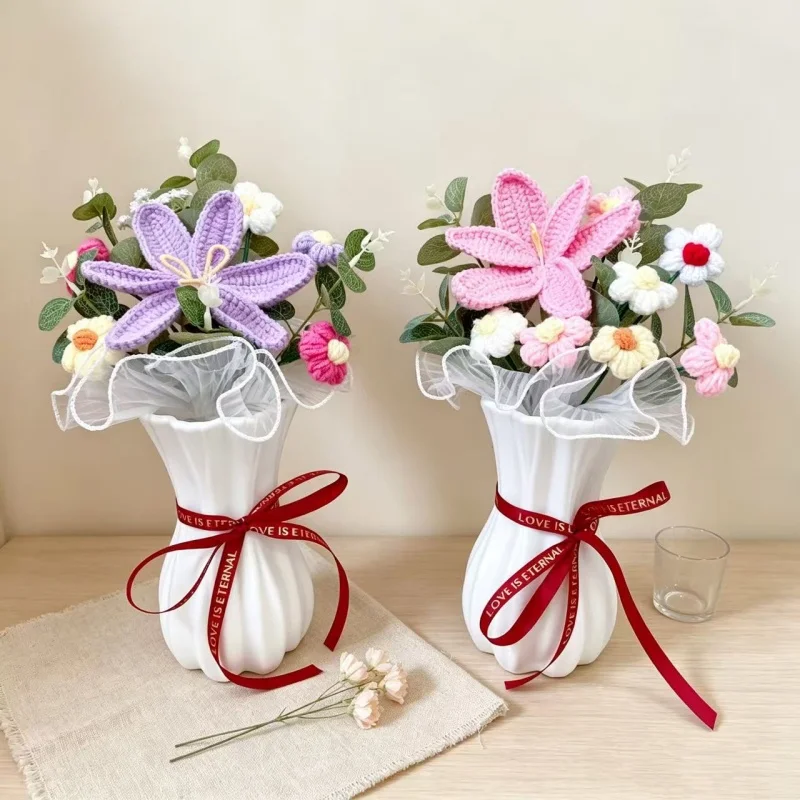 Crochet Flower Bouquet Plastic Vase Handmade Knitted Stuffed Roses Sunflowers Tulip  Table Home Decor Gifts For Mother Friends