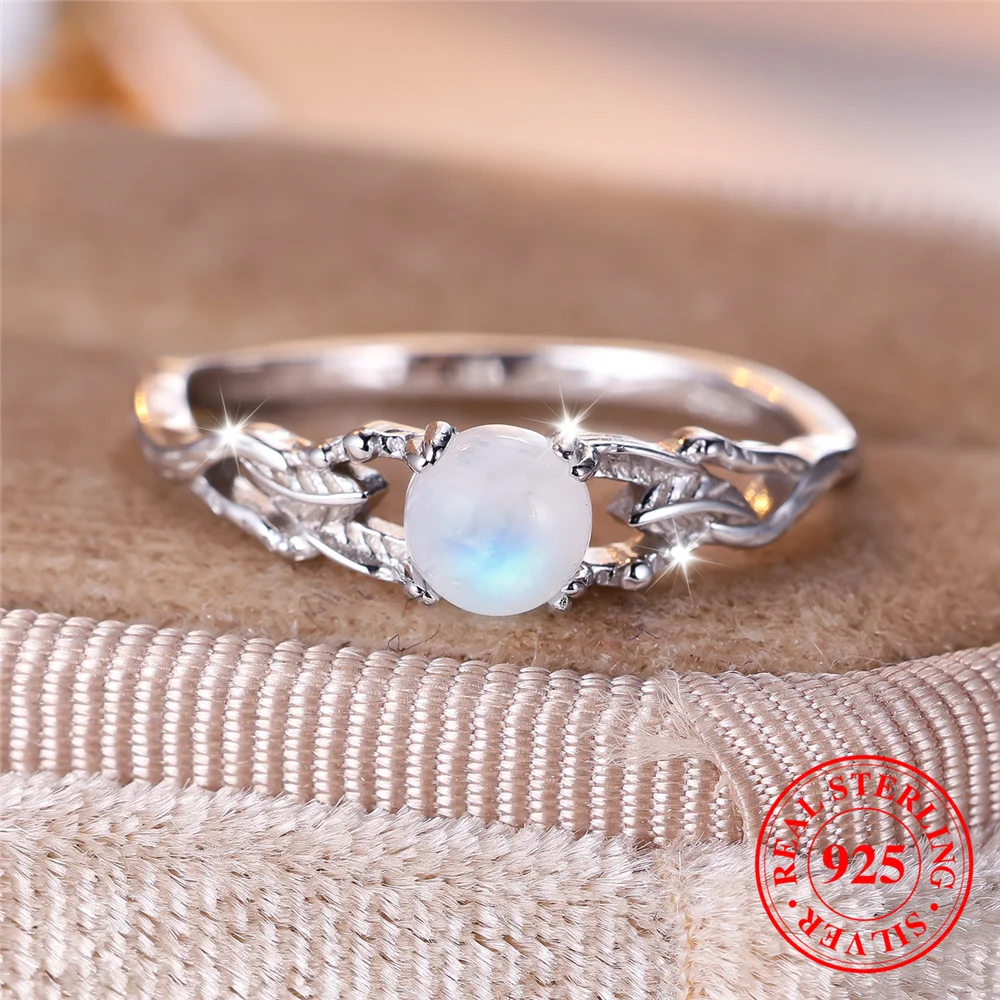 Cute Female Small Round Nature Moon Stone Round Ring Vintage Real 925 Sterling Silver Wedding Jewelry For Women