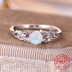 Cute Female Small Round Nature Moon Stone Round Ring Vintage Real 925 Sterling Silver Wedding Jewelry For Women