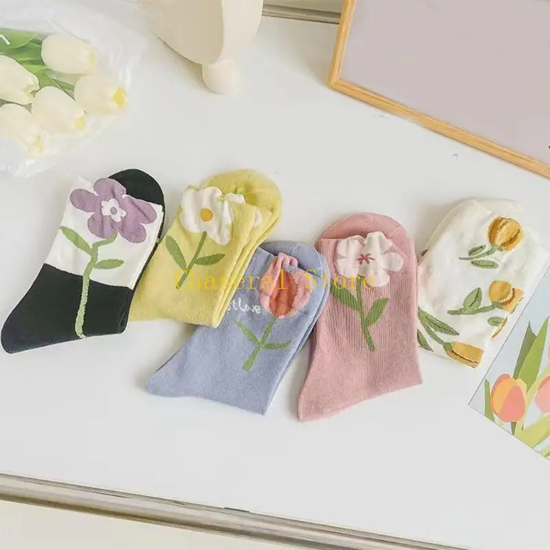 E7CE Flower Pattern Midcalf Socks For Women Student All Matching Middle Tube Socks