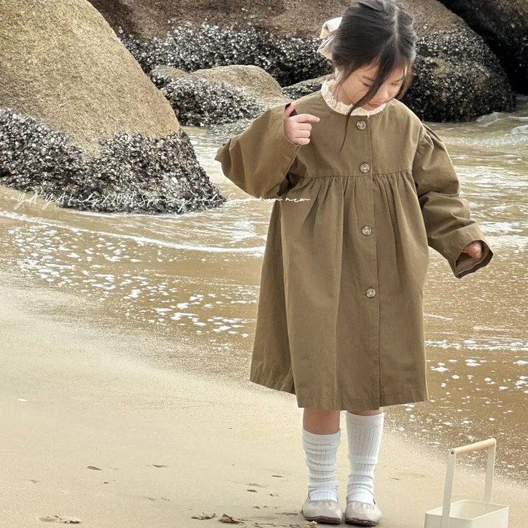 Girls Trench Coat Girls 2024 Spring New High-grade Style Wear Children Mid-length Lace Coat Korean Simple Style Fashion Coat