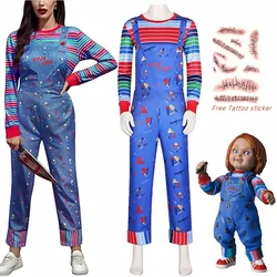 Chucky Women Halloween Costume Blue Cartoon Jumpsuit Overalls and Striped Shirt Play Horror Cosplay Costume