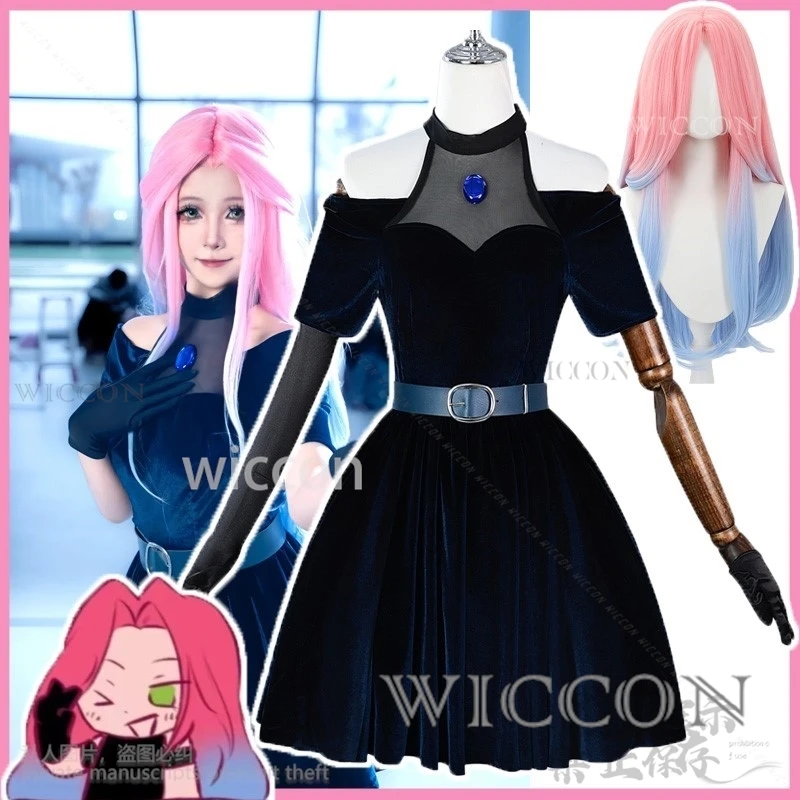 Anime Alien Bühne Cosplay Mizi Kostüm Dunkelblaues Kleid Lolita Rosa Blau Langes Haar Perücken