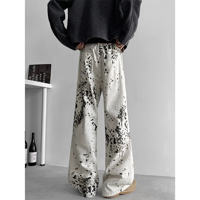 Baggy Beige Jeans Men Fashion Retro Leopard Print Jeans Men Streetwear Hip-hop Loose Wide Leg Jeans Mens Vintage Denim Pants