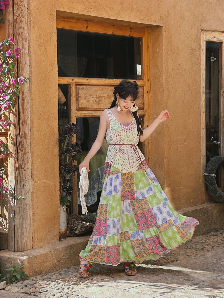 

Ретро-платье с шелковым принтом и бретелями, длинная юбка-макси в этническом стиле, женское платье для весны и осени, полиэстер