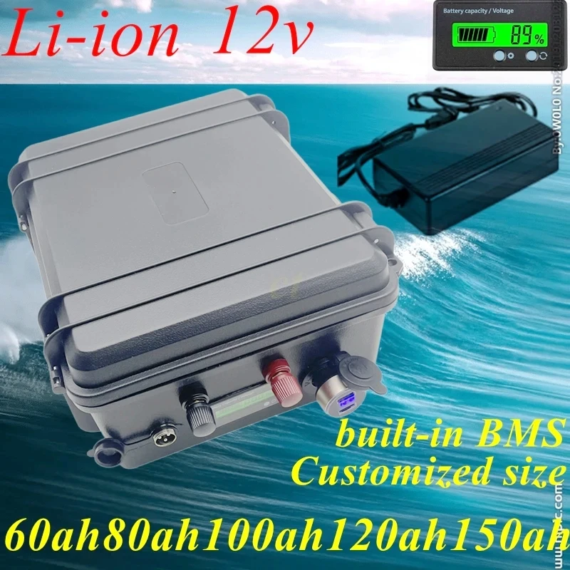 

12 В литий-ионный аккумулятор, водонепроницаемый перезаряжаемый, 60 Ач, 80 Ач, 120 Ач, 150 Ач, 180 Ач, 200 Ач для троллингового двигателя, гребного винта для лодки + зарядка 10 А
