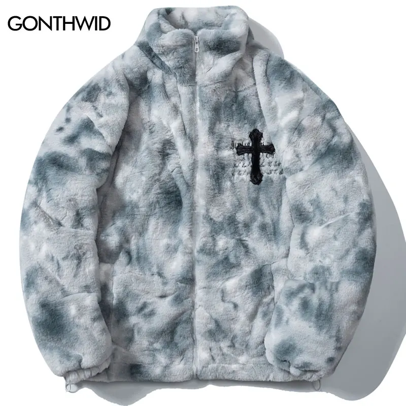 Hip Hop Faux Fur Fleece Jacket Parkas Streetwear Winter Embroidery Fuzzy Fluffy Thicken Warm Padded Coat Harajuku Zipper Jackets