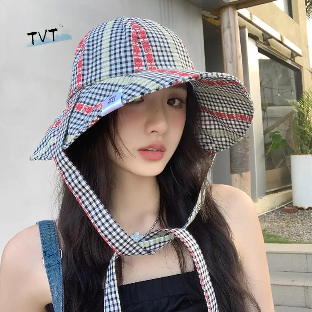 

Fashion Quick-dry Seaside Fisherman Hat Big Brim Sunscreen Strappy Sun Hat UV Protection Sweet Plaid Bucket Cap Outdoor