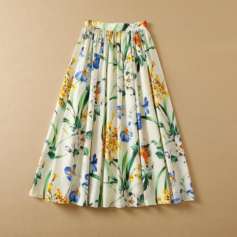 

European and American women's wear spring 2022 new Floral printed cotton Fashionable pleated skirt