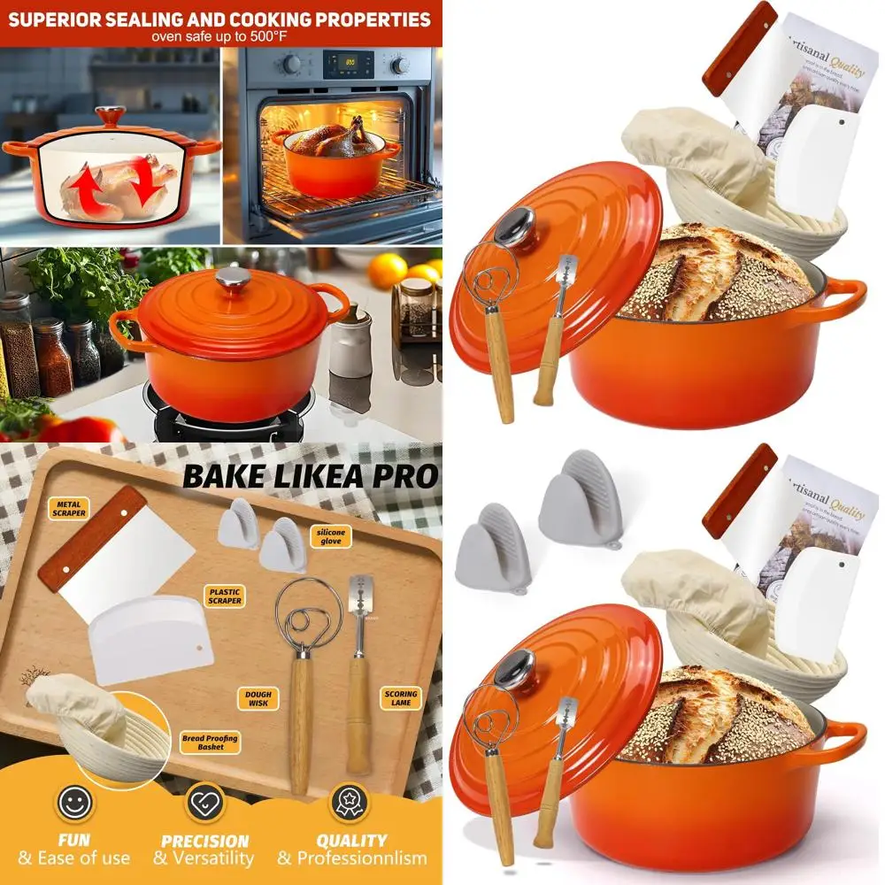 

Enameled Cast Iron Bread Oven with Proofing Basket for Baking, Heavy-Duty Cookware for Braising, Stews, Roasting (Orange)