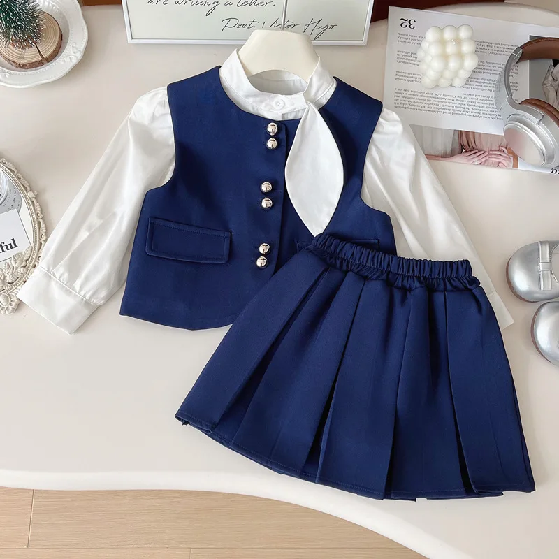 

2025 New Girls School Uniform Sets Blue Vest Blouse Skirt 3PC Outfit Preppy Style Fall Spring Fashion 2-8Y Children Clothes