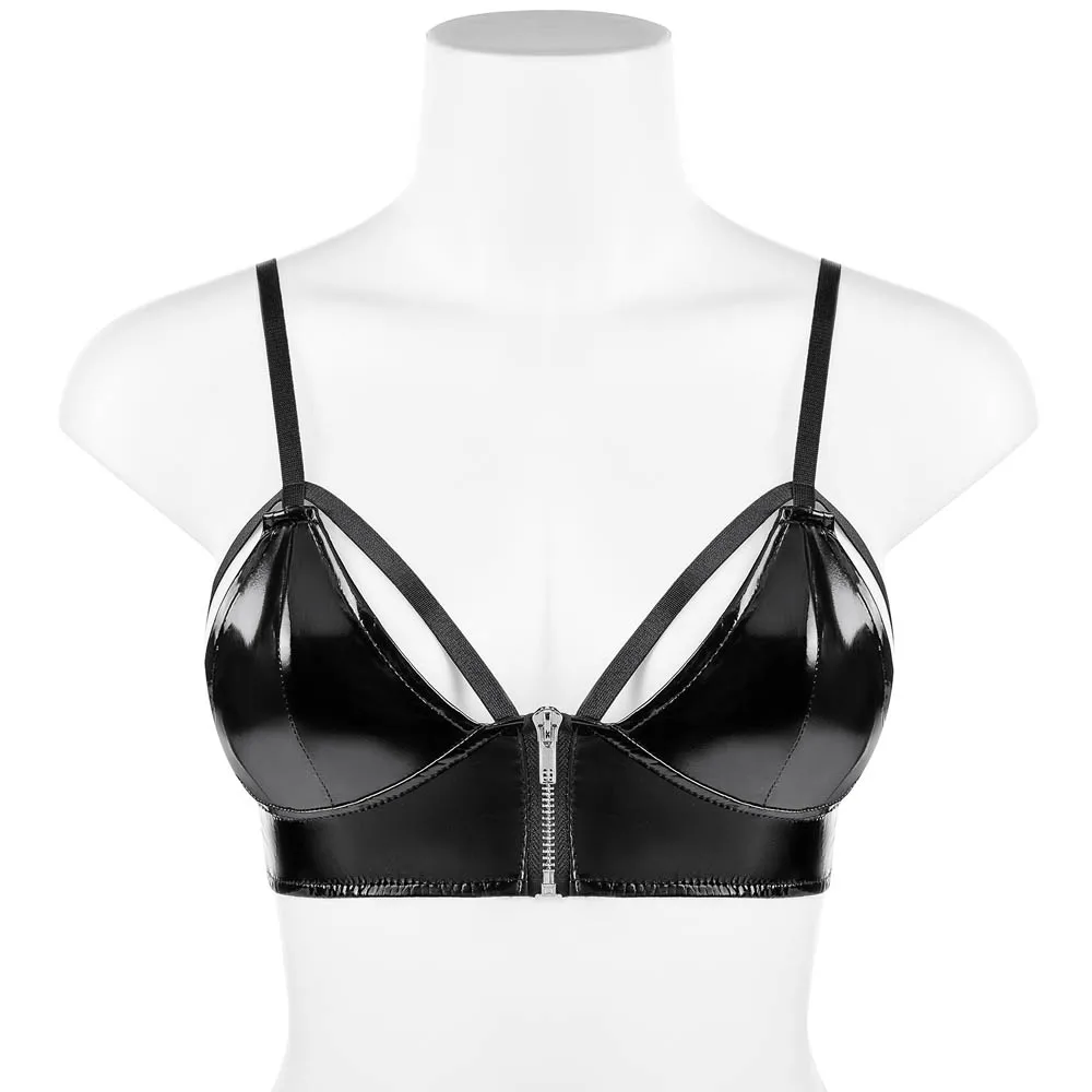 Reggiseno da donna con cerniera aperta, reggiseno per ragazza sexy, lingerie sexy, gilet in PVC, gilet, canotta in pelle verniciata con seno a metà esposto