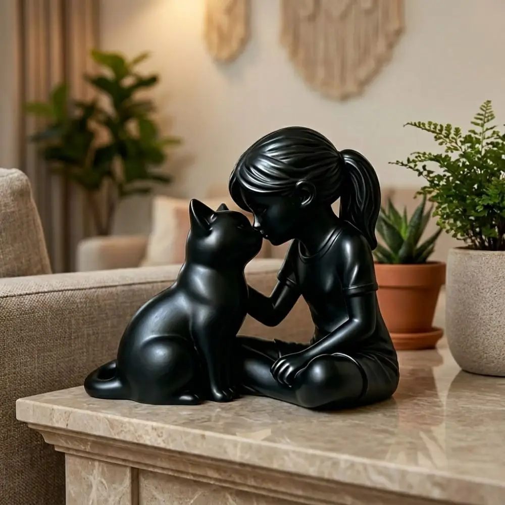 3D Printed Girl and Cat Sculpture Plastic Unique Desktop Cat Figurine Crafts Cute Animal Girl Cat Friendship Statues