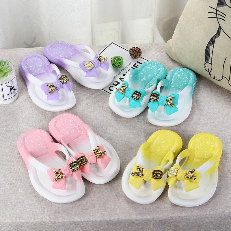 Female Summer Children Thongs Slippers Girl Cartoon Bow Beach Sandls Shoe Parent-child Flip-flops Shoes Student Clip-on Slippers