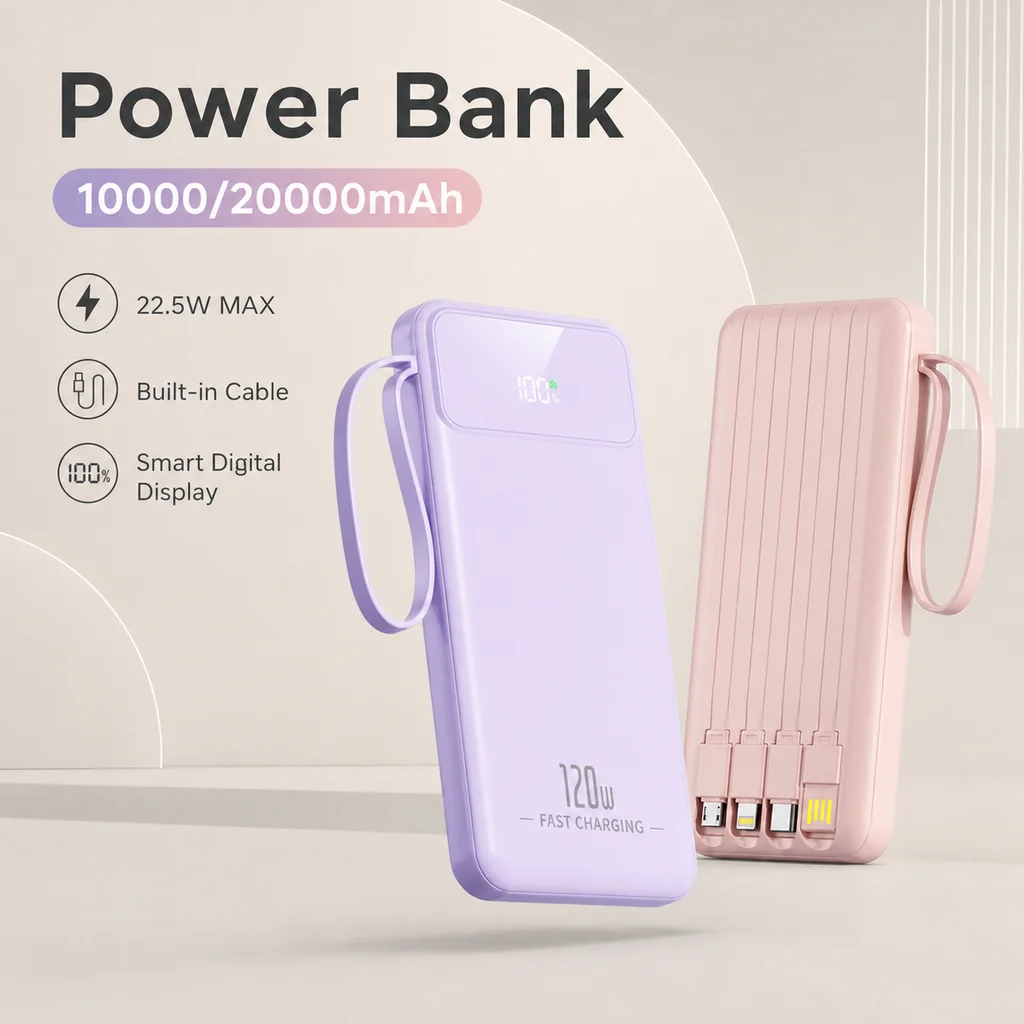 Power Bank with Built-in Charging Cable 10000mAh 20000mAh Slim Portable Charger for Smartphone Travel Backup