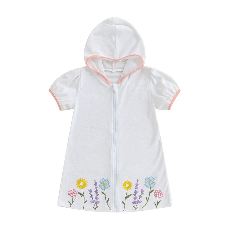 

Cathery Kids Baby Girls Bikinis Cover Ups Floral Embroidery Short Sleeve Hooded Robe Zip-Up Towel Beachwear Baby Clothing 18M-6T