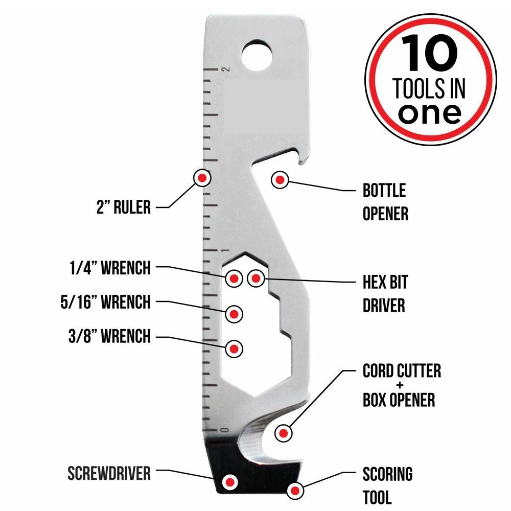 Inch/Metric 10 In 1 EDC Pocket Survival Tool Camping Screwdriver Bottle Opener Ruler Key chain Outdoor Tools for Hiking Fishing