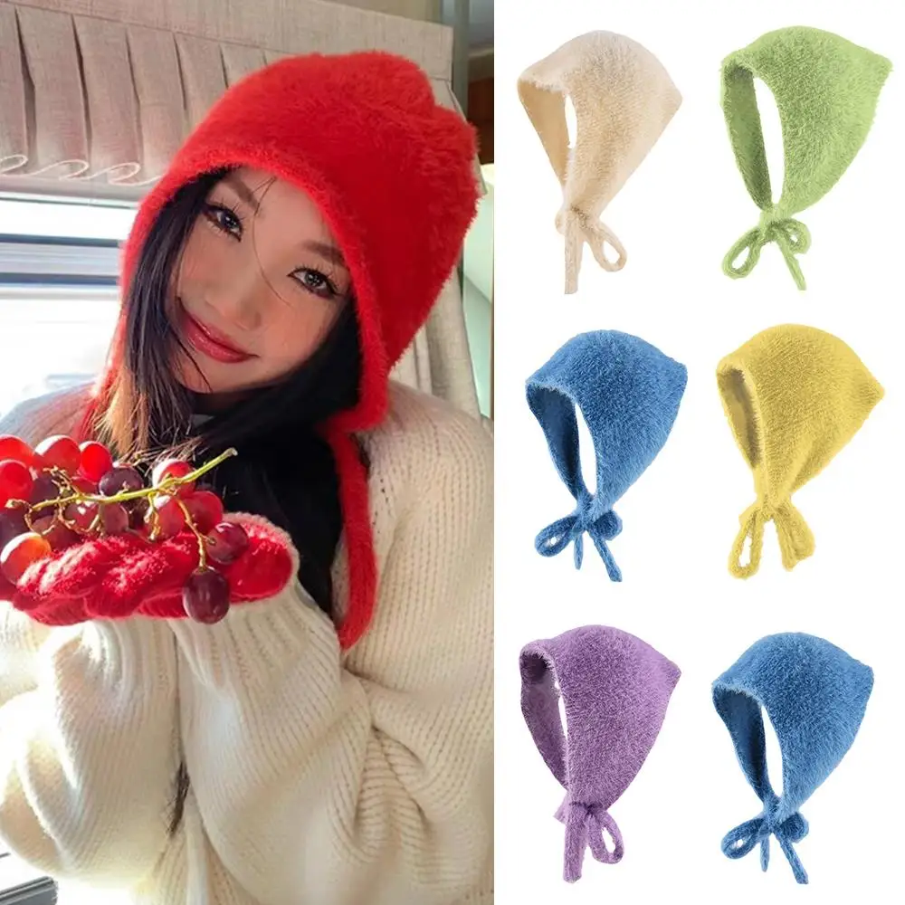 New Simple French Headscarf Women's Winter And Autumn Warm Plush Knitted Triangle Scarf Sweet And Cute Lace-up Cover Headband