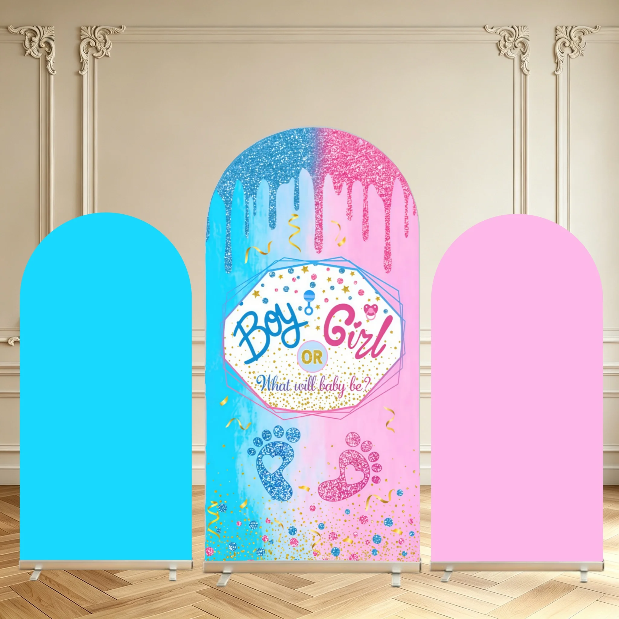 Pink Blue Glitter Gender Reveal Backdrop Cover Boy or Girl What Will Baby Be Party Decoration Double Sided Arch Cover Background