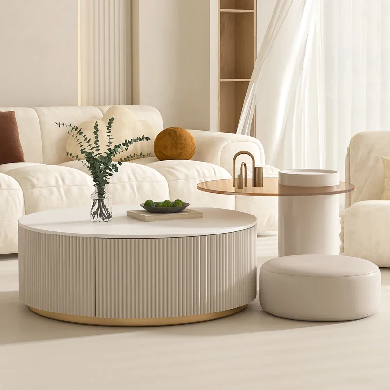 Cream Wind Rock Board Coffee Table Living Room Household Small Apartment Light Luxury Round Coffee Table Combination