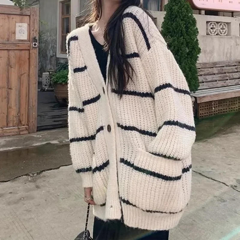 Vintage Loose Gray Stripped Knitted Cardigan Women Single-breasted Sweater Winter Thicken Streetwear Knitwear Autumn