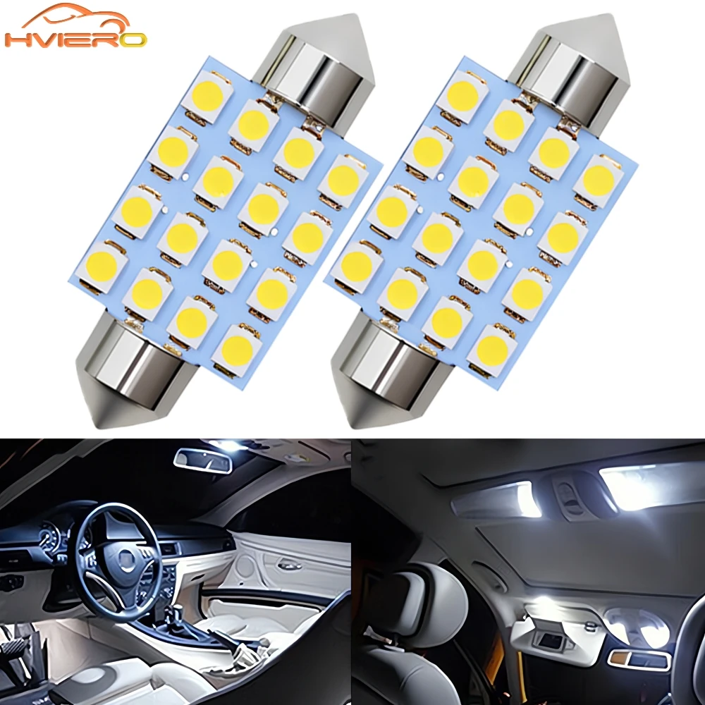 

2Pcs White 36mm 41mm C5W 3528 16SMD Leds 12V Lighting Dome Reading Car License Plate Lights Trunk Lamp Wedge Bulbs Auto Roof LED