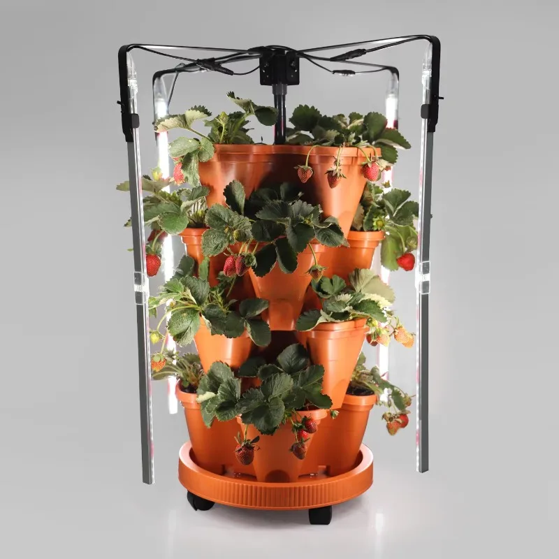 Vertical Gardening Strawberry Growing System Jardin Greenhouse Indoor Stackable Tower Planter Pot Kit With Led Grow Lights