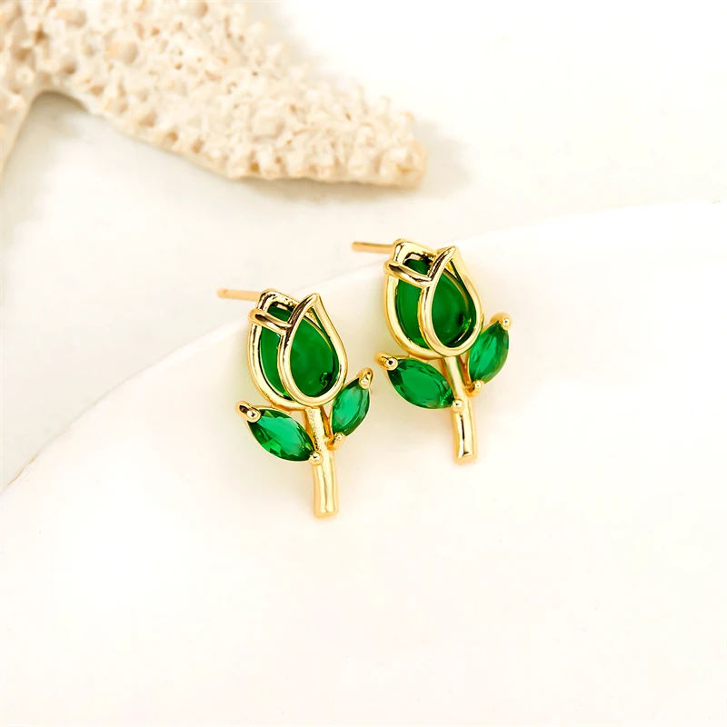 2024 Korean Tulip Flower Earrings For Women Fashion Green Glass Elegant Temperament Ear Stud Earrings Jewelry Accessories