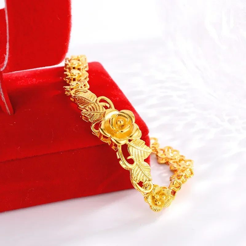 999 Real Gold Store Women's Wedding Bridal Sand Gold Rose Flower Bracelet Flower Strings Buds Hand Jewelry Wedding Accessor