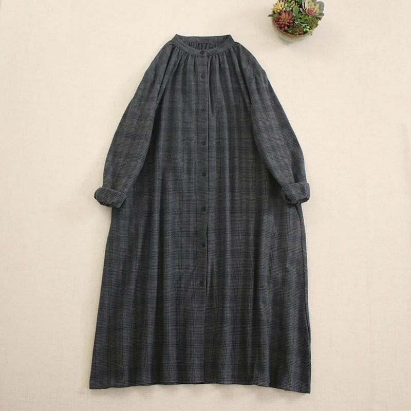 Japanese Mori Girl Vintage Plaid Loose Cotton Dress Women Autumn Winter O-Neck Long Sleeve Casual Single Breasted Midi Dresses