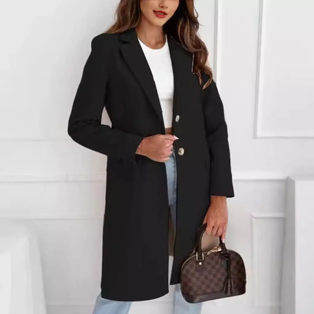 

Women's Long Tweed Coat Simple Solid Color Button Detail Autumn Winter Fashion Outerwear for Ladies