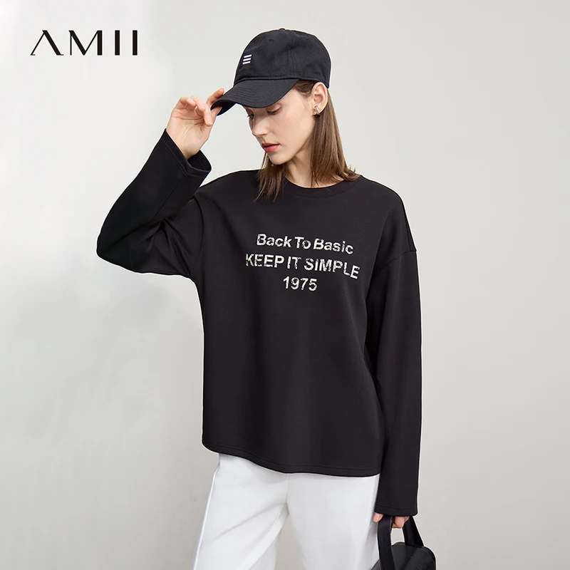 Amii Woman T-shirts 2026 Autumn New Casual Loose College Style Round Neck Tee Letter Print Loose Long Sleeve T-shirt 12621016
